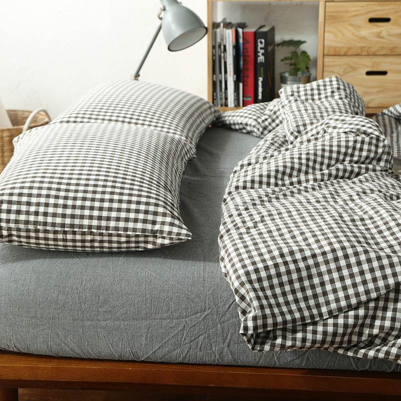 Unmarked Washed Cotton Four-piece Set Checked Goods Bedding Set Pure Cotton Naked Sleeping 4-piece Set - Mubimart