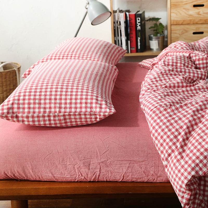 Unmarked Washed Cotton Four-piece Set Checked Goods Bedding Set Pure Cotton Naked Sleeping 4-piece Set - Mubimart