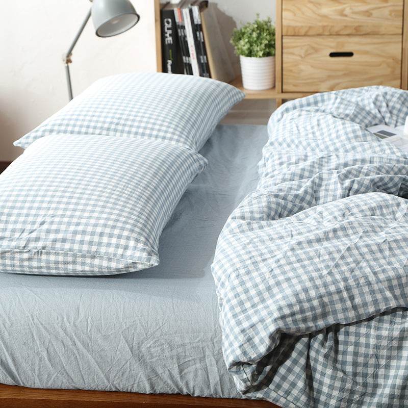Unmarked Washed Cotton Four-piece Set Checked Goods Bedding Set Pure Cotton Naked Sleeping 4-piece Set - Mubimart