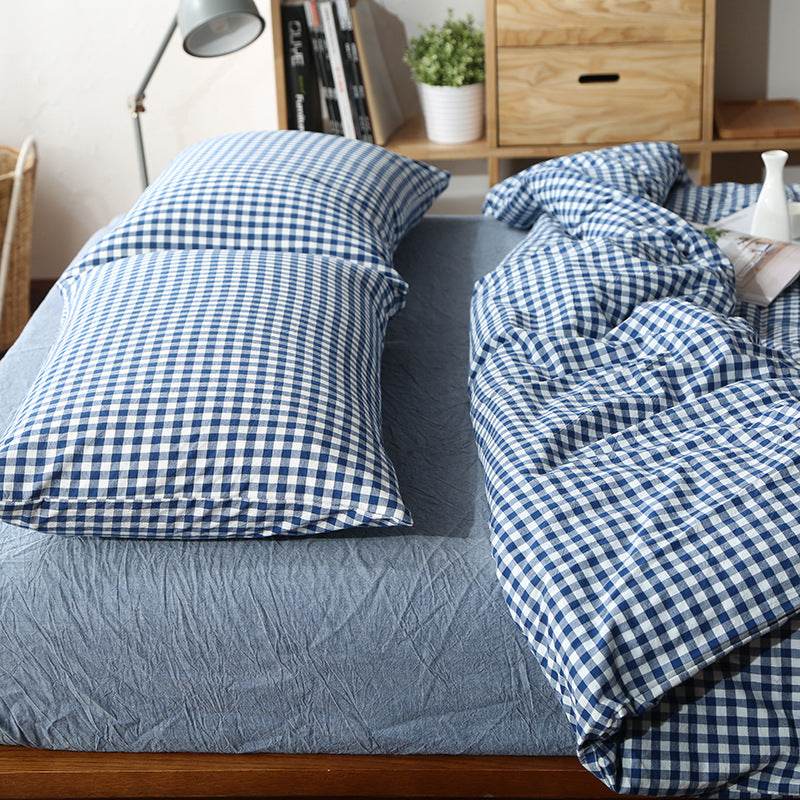 Unmarked Washed Cotton Four-piece Set Checked Goods Bedding Set Pure Cotton Naked Sleeping 4-piece Set - Mubimart