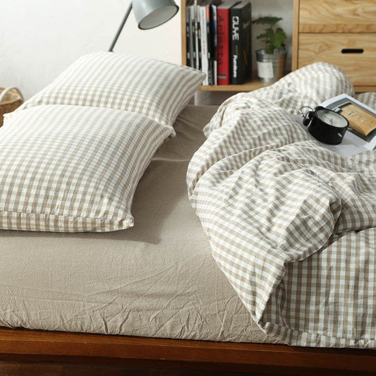 Unmarked Washed Cotton Four-piece Set Checked Goods Bedding Set Pure Cotton Naked Sleeping 4-piece Set - Mubimart