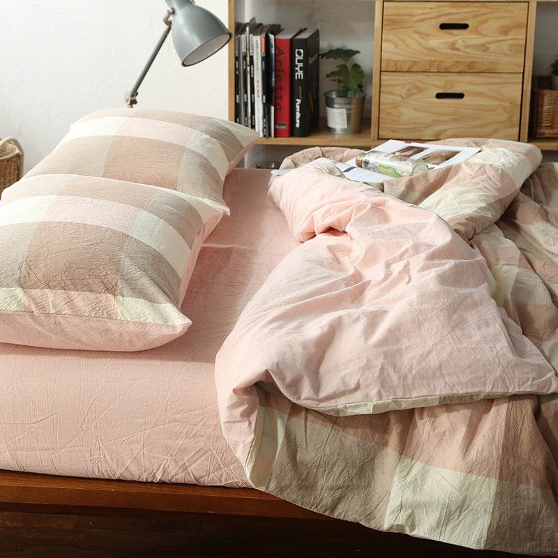Unmarked Washed Cotton Four-piece Set Checked Goods Bedding Set Pure Cotton Naked Sleeping 4-piece Set - Mubimart