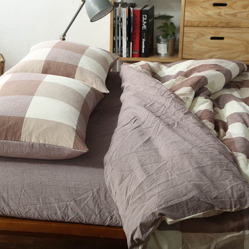 Unmarked Washed Cotton Four-piece Set Checked Goods Bedding Set Pure Cotton Naked Sleeping 4-piece Set - Mubimart