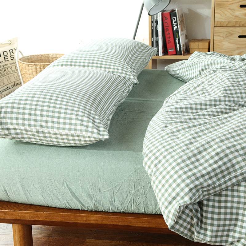 Unmarked Washed Cotton Four-piece Set Checked Goods Bedding Set Pure Cotton Naked Sleeping 4-piece Set - Mubimart