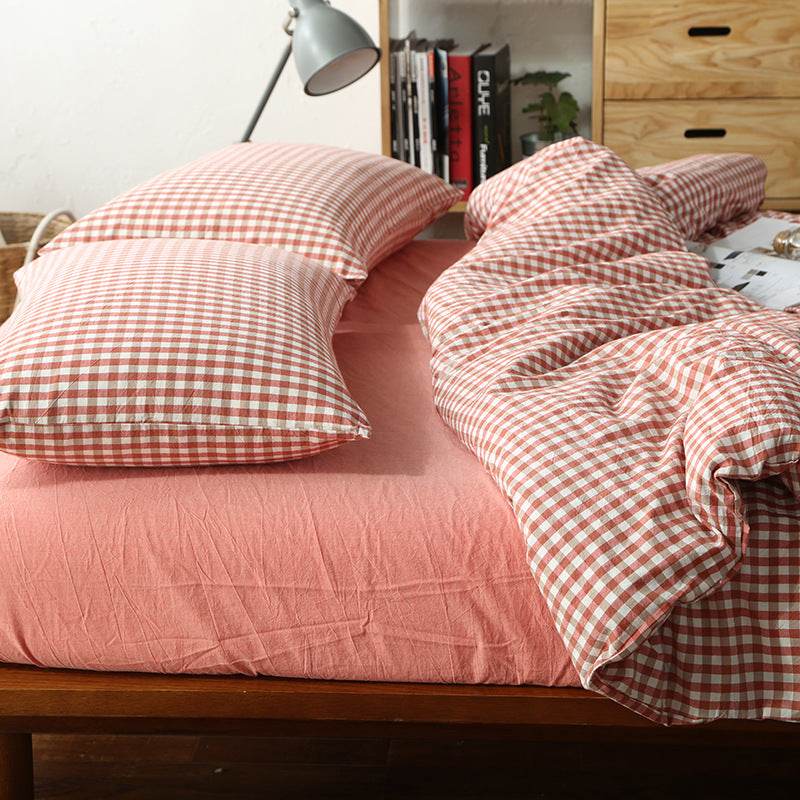 Unmarked Washed Cotton Four-piece Set Checked Goods Bedding Set Pure Cotton Naked Sleeping 4-piece Set - Mubimart