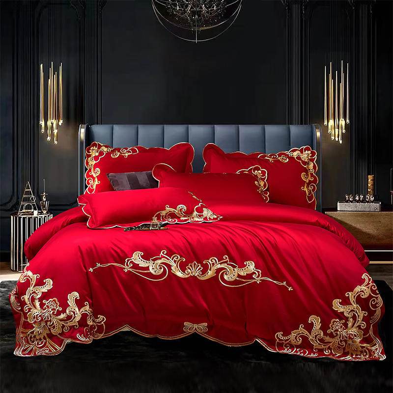 Velvet Four-piece Set Solid Color Embroidered Quilt Set Bed Sheet - Mubimart