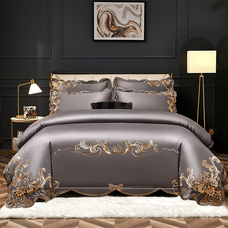 Velvet Four-piece Set Solid Color Embroidered Quilt Set Bed Sheet - Mubimart -  