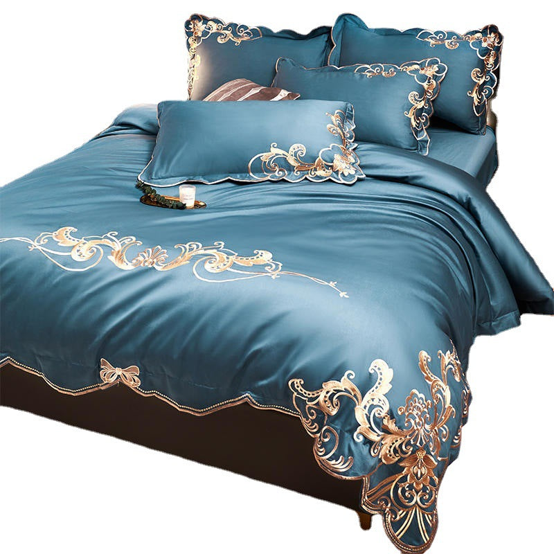 Velvet Four-piece Set Solid Color Embroidered Quilt Set Bed Sheet - Mubimart -  