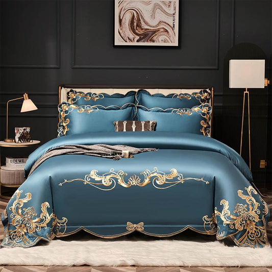 Velvet Four-piece Set Solid Color Embroidered Quilt Set Bed Sheet - Mubimart
