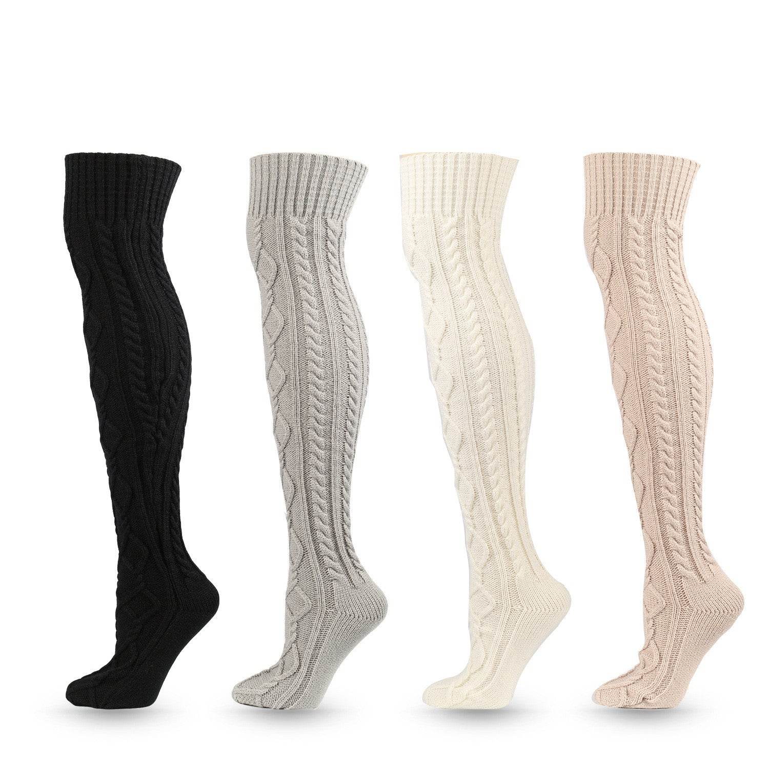 Warm Solid Color Knitted Jacquard Stockings - Mubimart