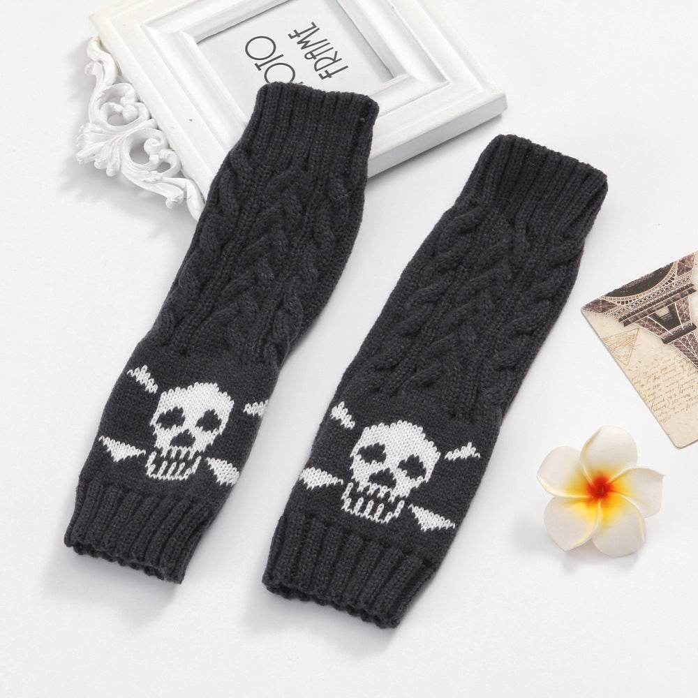 Warm Twisted Skull Knit Short Gloves With Wool - Mubimart