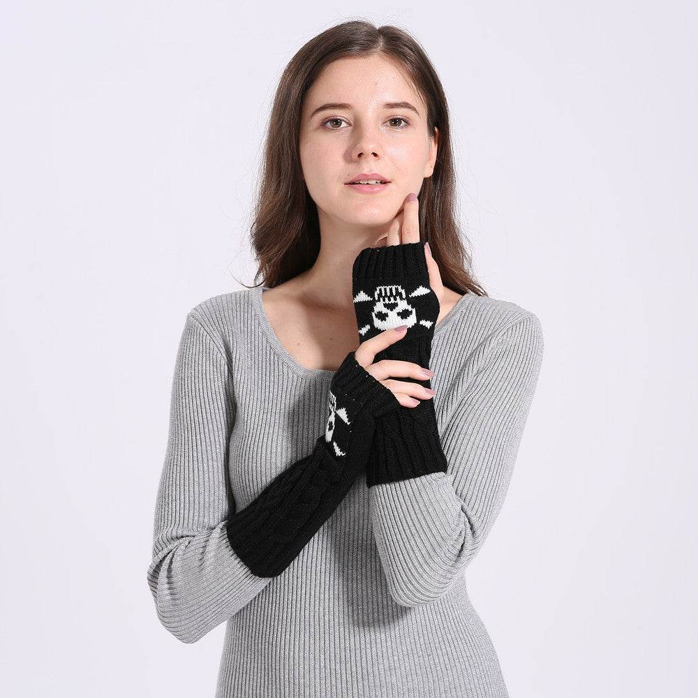 Warm Twisted Skull Knit Short Gloves With Wool - Mubimart