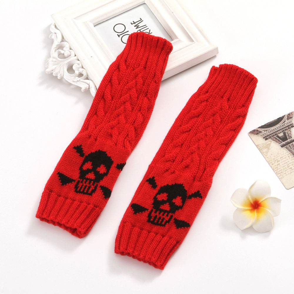 Warm Twisted Skull Knit Short Gloves With Wool - Mubimart