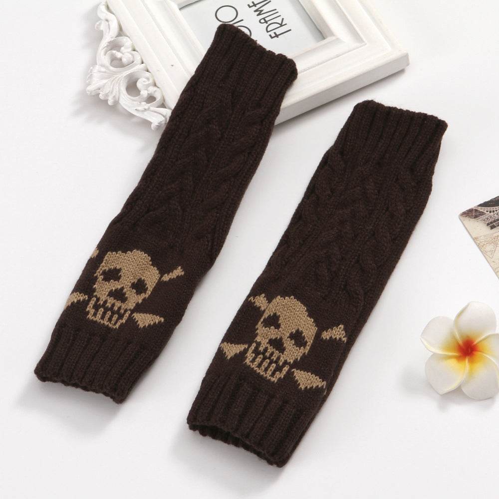 Warm Twisted Skull Knit Short Gloves With Wool - Mubimart
