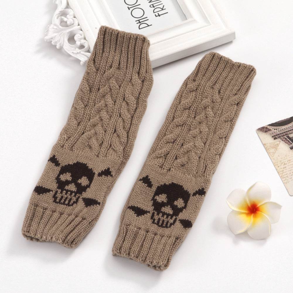 Warm Twisted Skull Knit Short Gloves With Wool - Mubimart