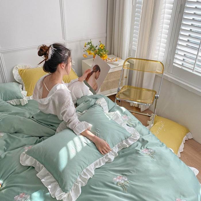 Washed Silk Bed Four Piece Bed Sheet Quilt Cover Sheet - Mubimart