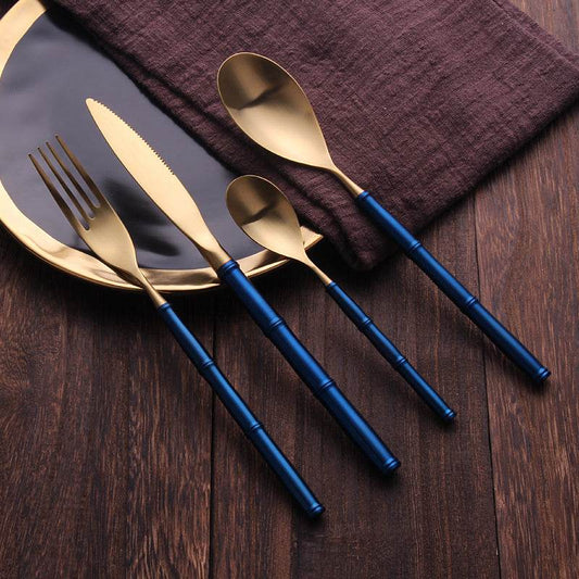 Western Tableware With Bamboo Blue Handle and Gold Head - Mubimart