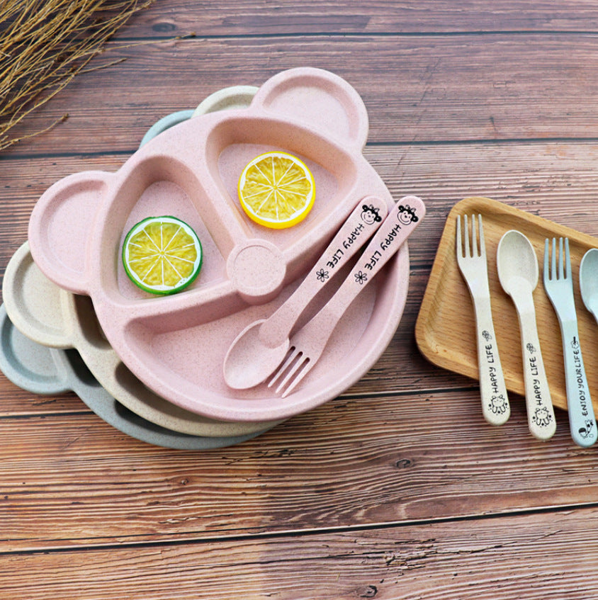 Wheat Split Bear Children's Dinner Plate Set Creative Household Tableware Baby Split Plate Breakfast Plate Free Fork Spoon Mubimart