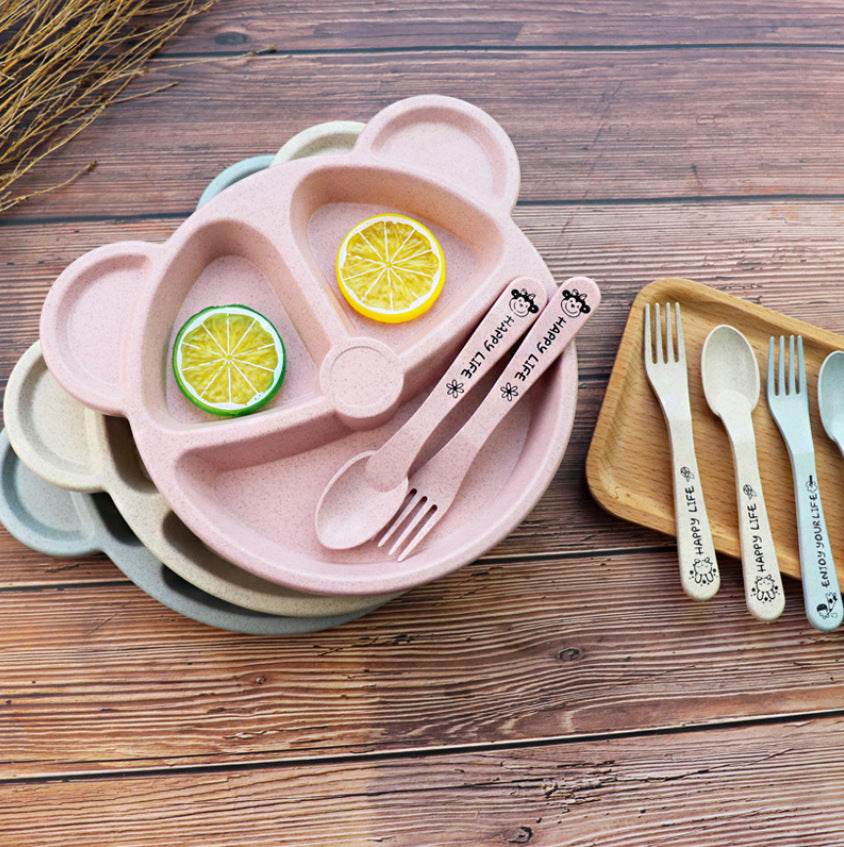Wheat Split Bear Children's Dinner Plate Set Creative Household Tableware Baby Split Plate Breakfast Plate Free Fork Spoon - Mubimart