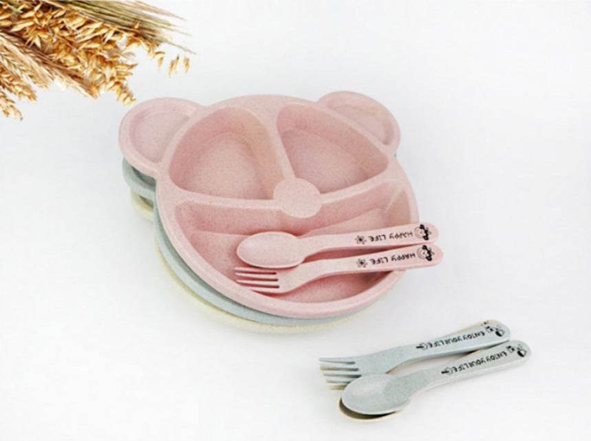 Wheat Split Bear Children's Dinner Plate Set Creative Household Tableware Baby Split Plate Breakfast Plate Free Fork Spoon - Mubimart