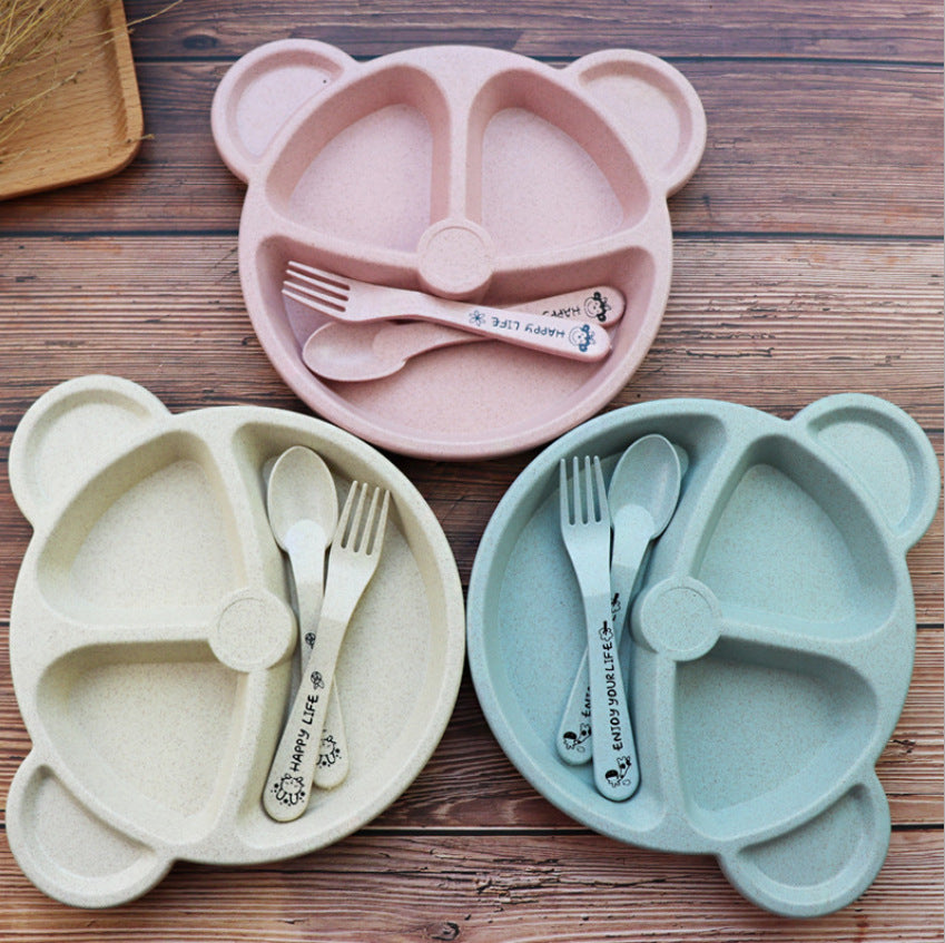 Wheat Split Bear Children's Dinner Plate Set Creative Household Tableware Baby Split Plate Breakfast Plate Free Fork Spoon Mubimart