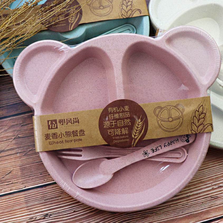 Wheat Split Bear Children's Dinner Plate Set Creative Household Tableware Baby Split Plate Breakfast Plate Free Fork Spoon - Mubimart