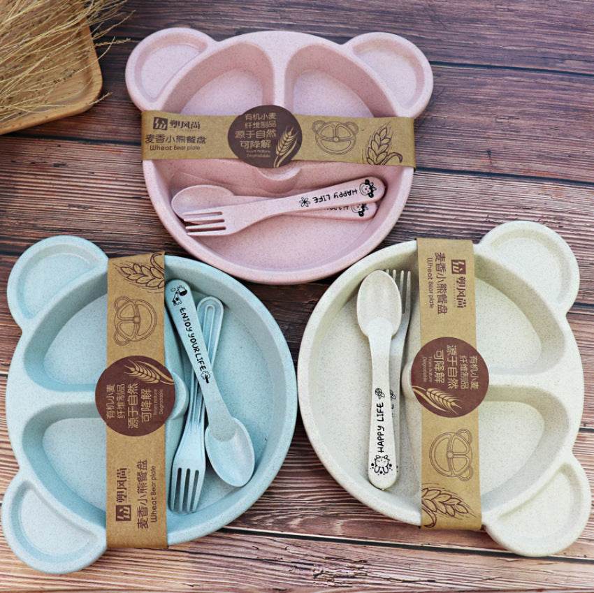 Wheat Split Bear Children's Dinner Plate Set Creative Household Tableware Baby Split Plate Breakfast Plate Free Fork Spoon - Mubimart