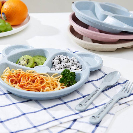 Wheat Straw Cartoon Children's Gridded Dinner Plate Set - Mubimart