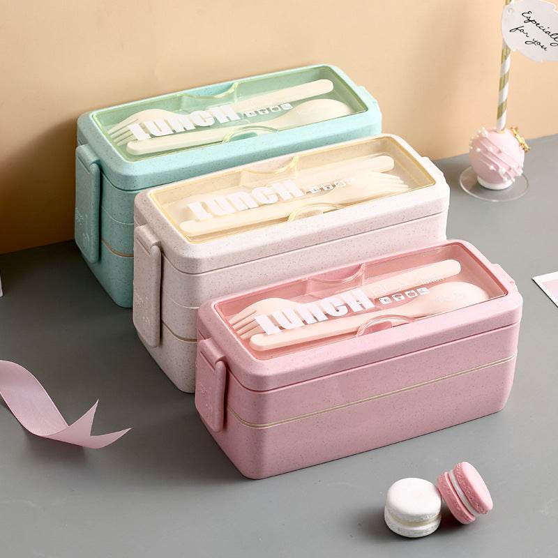 Wheat Straw Double-layer Insulated Lunch Box Portable Lunch Box Sealed Lunch Box Student Divided Lunch Box - Mubimart
