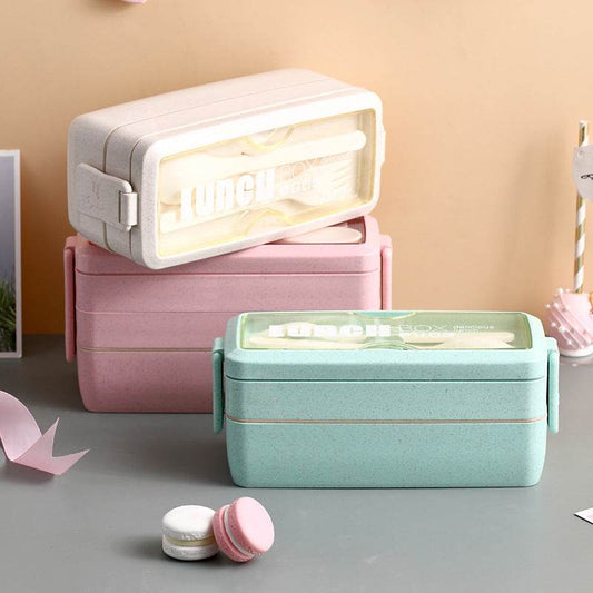 Wheat Straw Double-layer Insulated Lunch Box Portable Lunch Box Sealed Lunch Box Student Divided Lunch Box - Mubimart