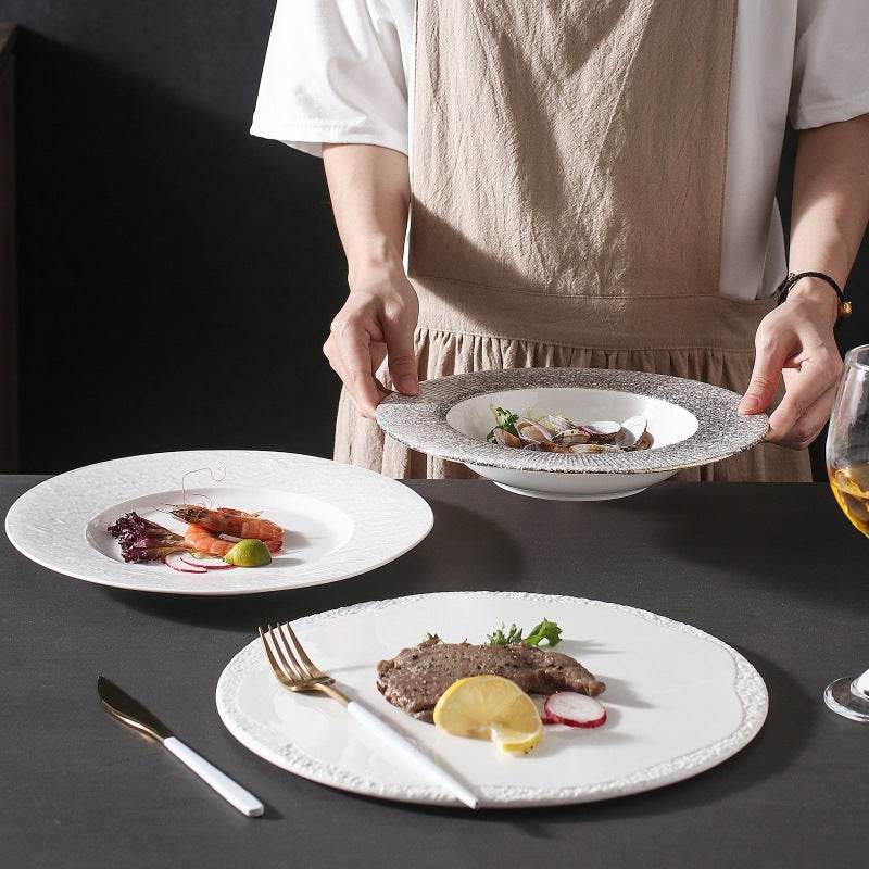 White Porcelain Brushed Golden Western Steak Plate Tray - Mubimart