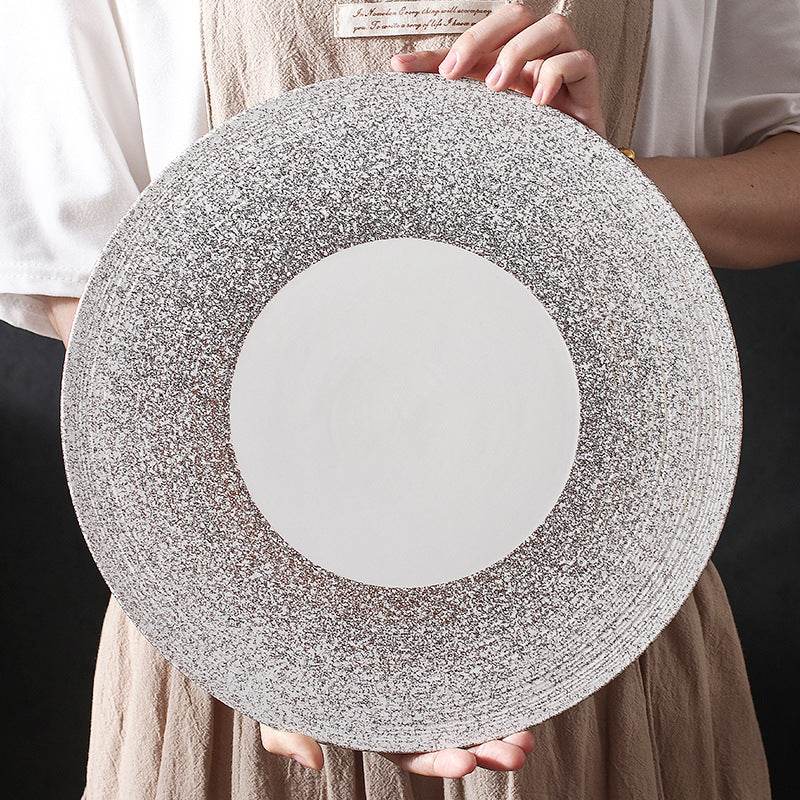 White Porcelain Brushed Golden Western Steak Plate Tray - Mubimart
