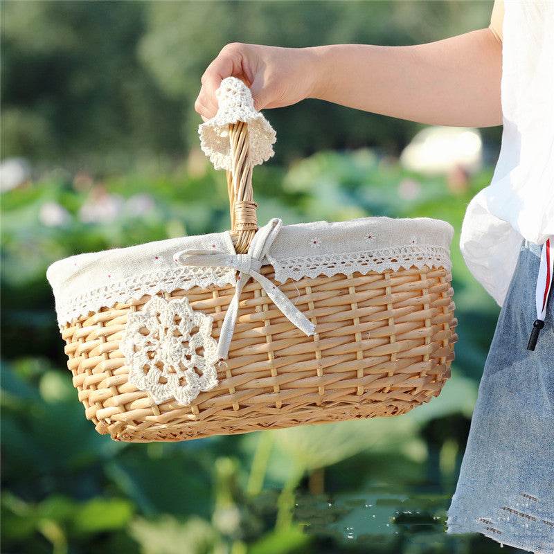 Wicker Basket Picnic Basket Gift Empty Oval Willow Woven Basket Easter Large Storage Wine Basket - Mubimart