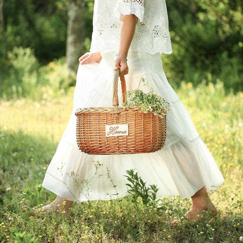 Wicker Woven Outdoor Picnic Fruit Basket Portable - Mubimart