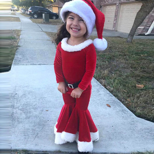 Winter Christmas Long-sleeved Shirt Bell Bottoms Hat Three-piece Children's Clothing - Mubimart