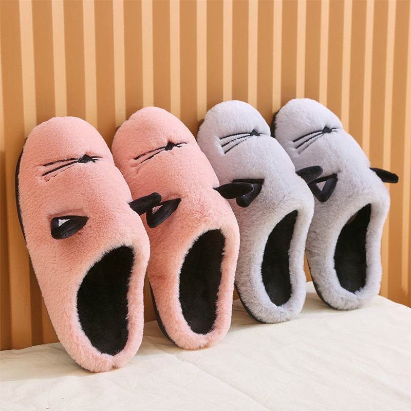 Winter New Coral Velvet Slippers Cartoon Cat Cotton Slippers Home Cotton Shoes Warm Slipper - Mubimart