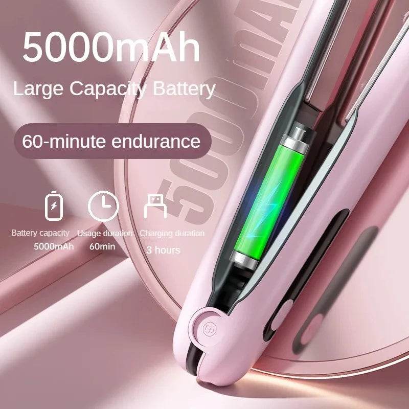 Wireless Hair Straightener Flat Iron Mini 2 IN 1 Roller USB 5000mAh Max 200 Degree Portable Cordless Curler 4 Levels Dry And Wet Uses - Mubimart