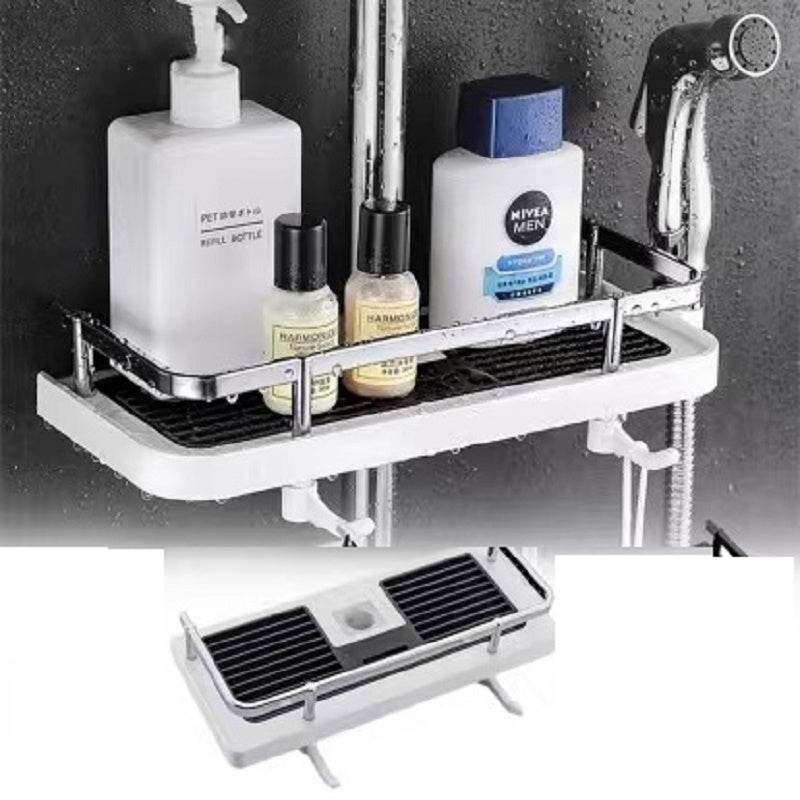 Without Punching Commodity Shelf Shower Rod Racks Bathroom Lift Rod Bracket Tray Punch-Free Toilet Shower Storage Hanging Basket - Mubimart