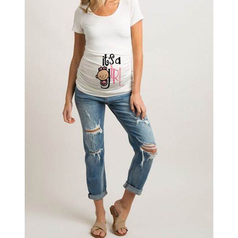 Women T-Shirts Slim Maternity Funny Letter Tops O-Neck Pregnancy Women - Mubimart