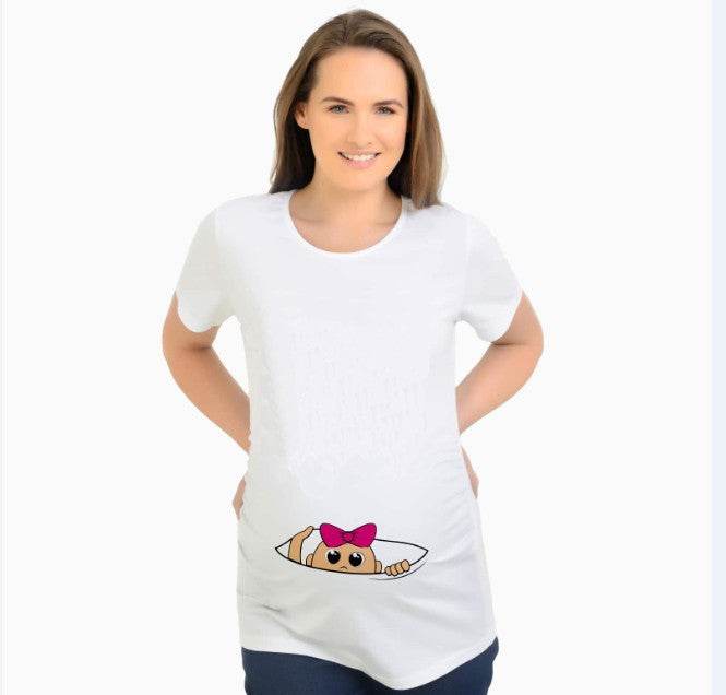 Women T-Shirts Slim Maternity Funny Letter Tops O-Neck Pregnancy Women - Mubimart