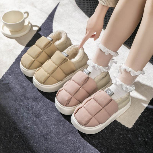 Women's Down Cotton Slippers Winter Fashion Casual Velvet Waterproof Indoor House Shoes Soft Warm Home Slipper - Mubimart