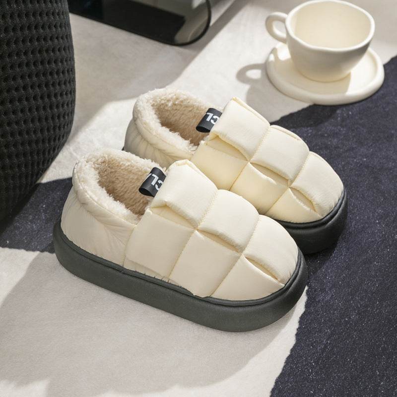 Women's Down Cotton Slippers Winter Fashion Casual Velvet Waterproof Indoor House Shoes Soft Warm Home Slipper - Mubimart