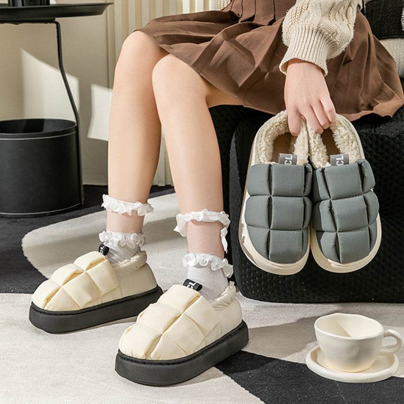 Women's Down Cotton Slippers Winter Fashion Casual Velvet Waterproof Indoor House Shoes Soft Warm Home Slipper - Mubimart