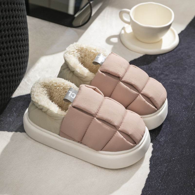 Women's Down Cotton Slippers Winter Fashion Casual Velvet Waterproof Indoor House Shoes Soft Warm Home Slipper - Mubimart