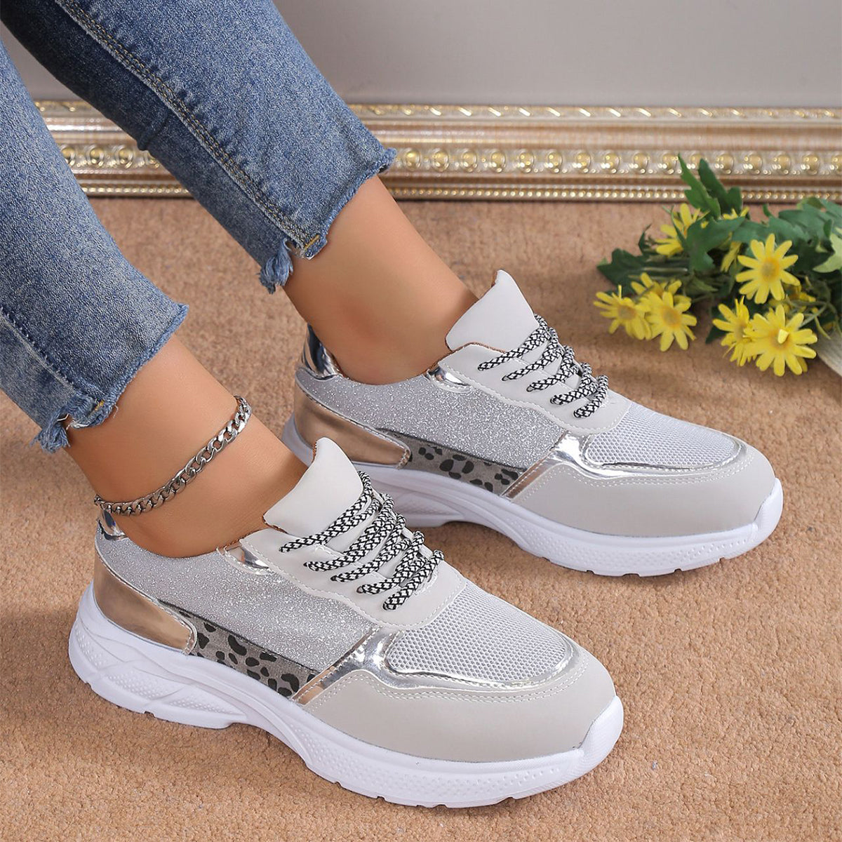 Women's Lace Up Sneakers Breathable Mesh Flat Shoes Fashion Casual Lightweight Running Sports Shoes - Mubimart - Baby Shoes 