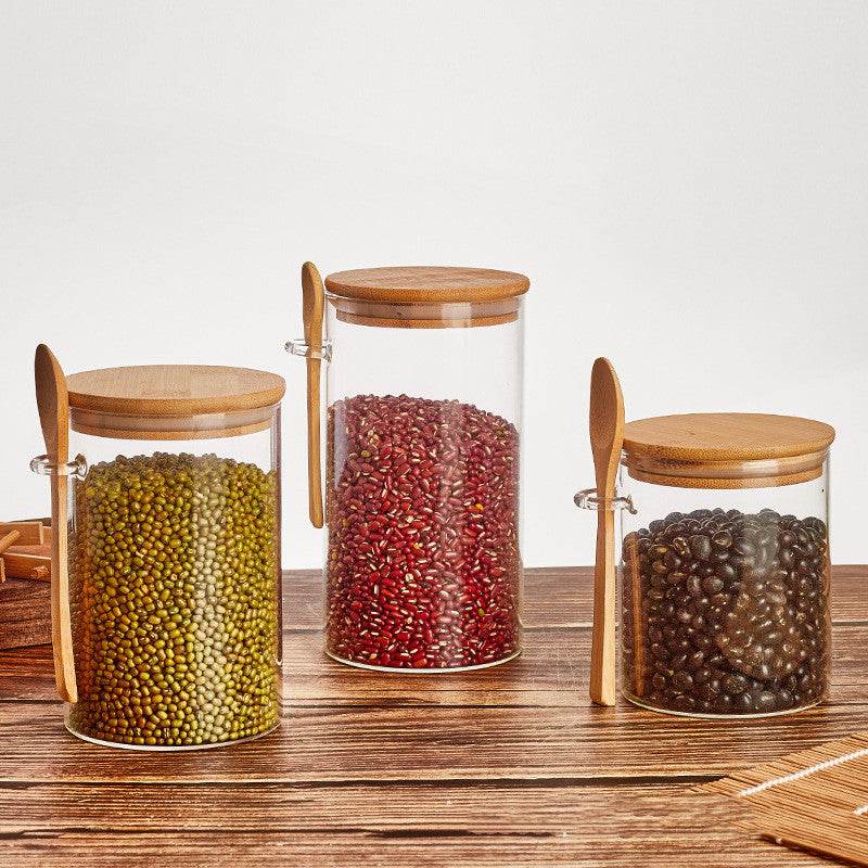 Wood Spoon Glass Storage Tank Set Food Storage - Mubimart