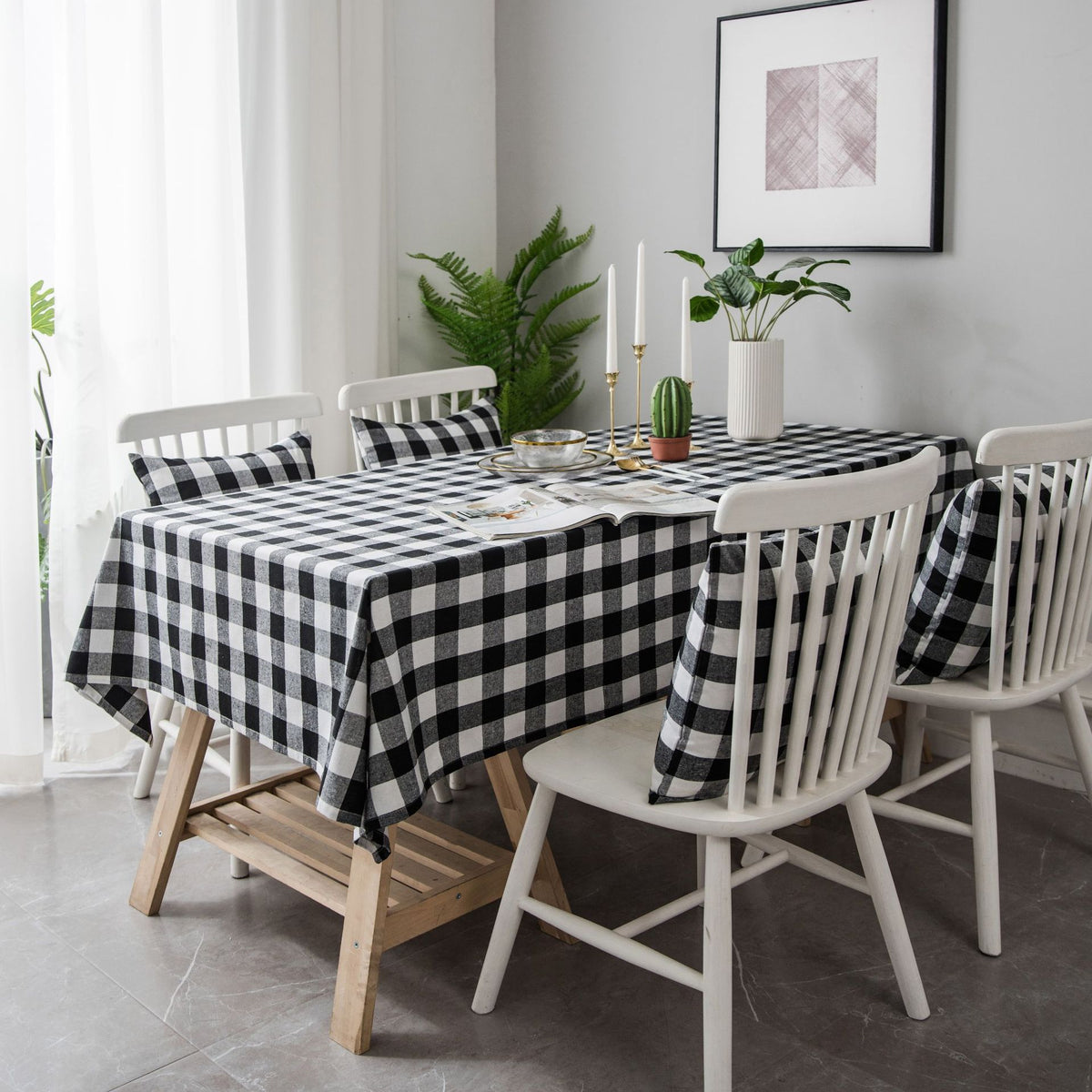 Woven Black And White Plaid Tablecloth Tablecloth Mubimart