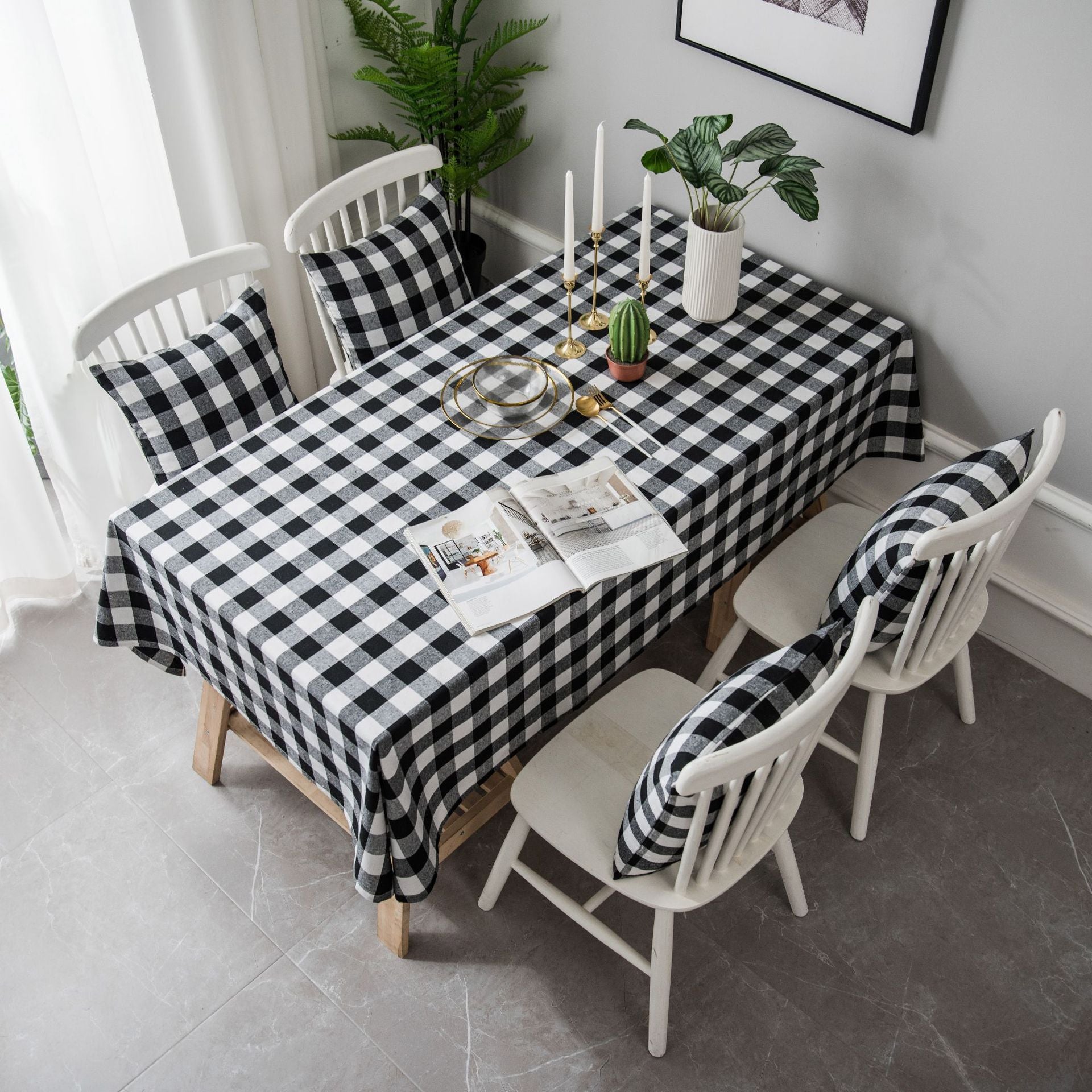 Woven Black And White Plaid Tablecloth Tablecloth Mubimart