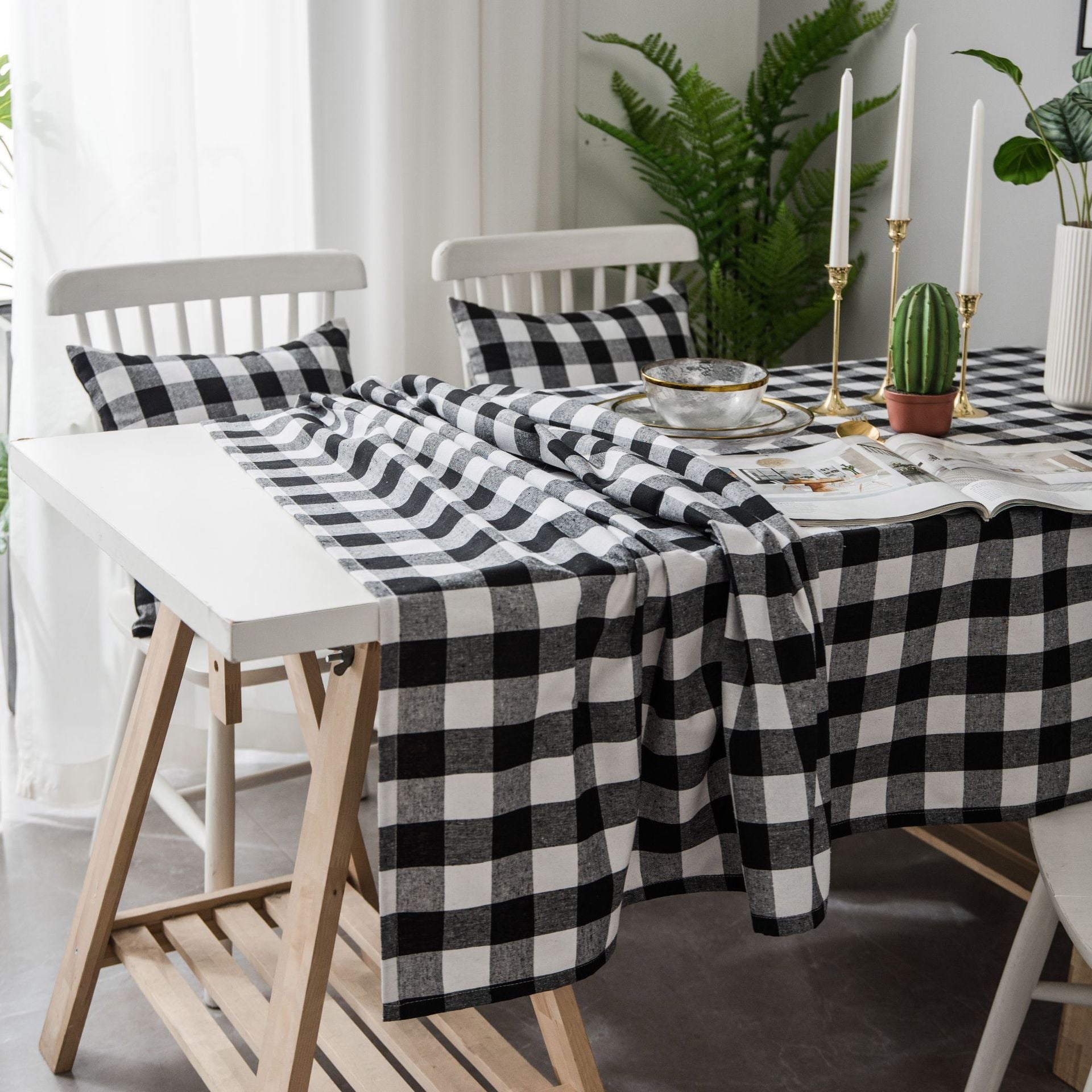 Woven Black And White Plaid Tablecloth Tablecloth Mubimart