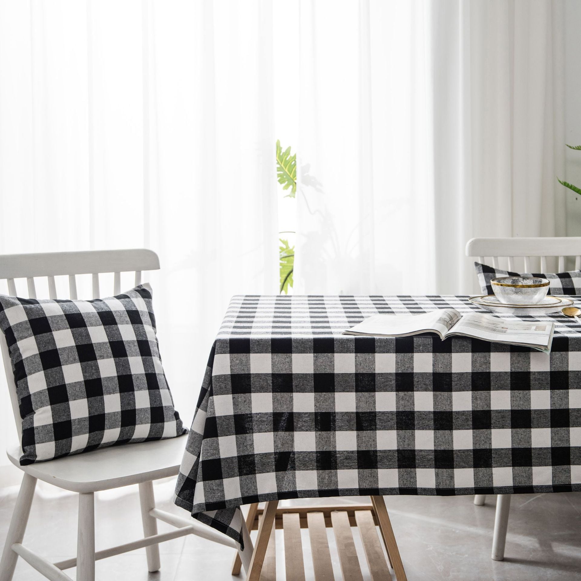 Woven Black And White Plaid Tablecloth Tablecloth Mubimart